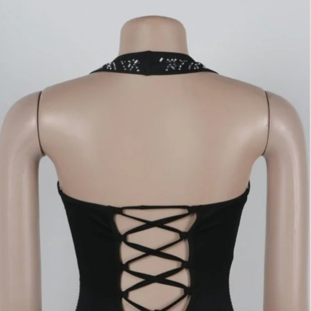 Holiday Party Black Embellished Beaded Romper V-Neck Halter Stretchy - Picture 3 of 15